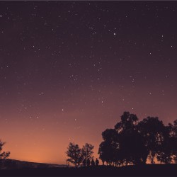 A galactic night sky with a dim red horizon and trees